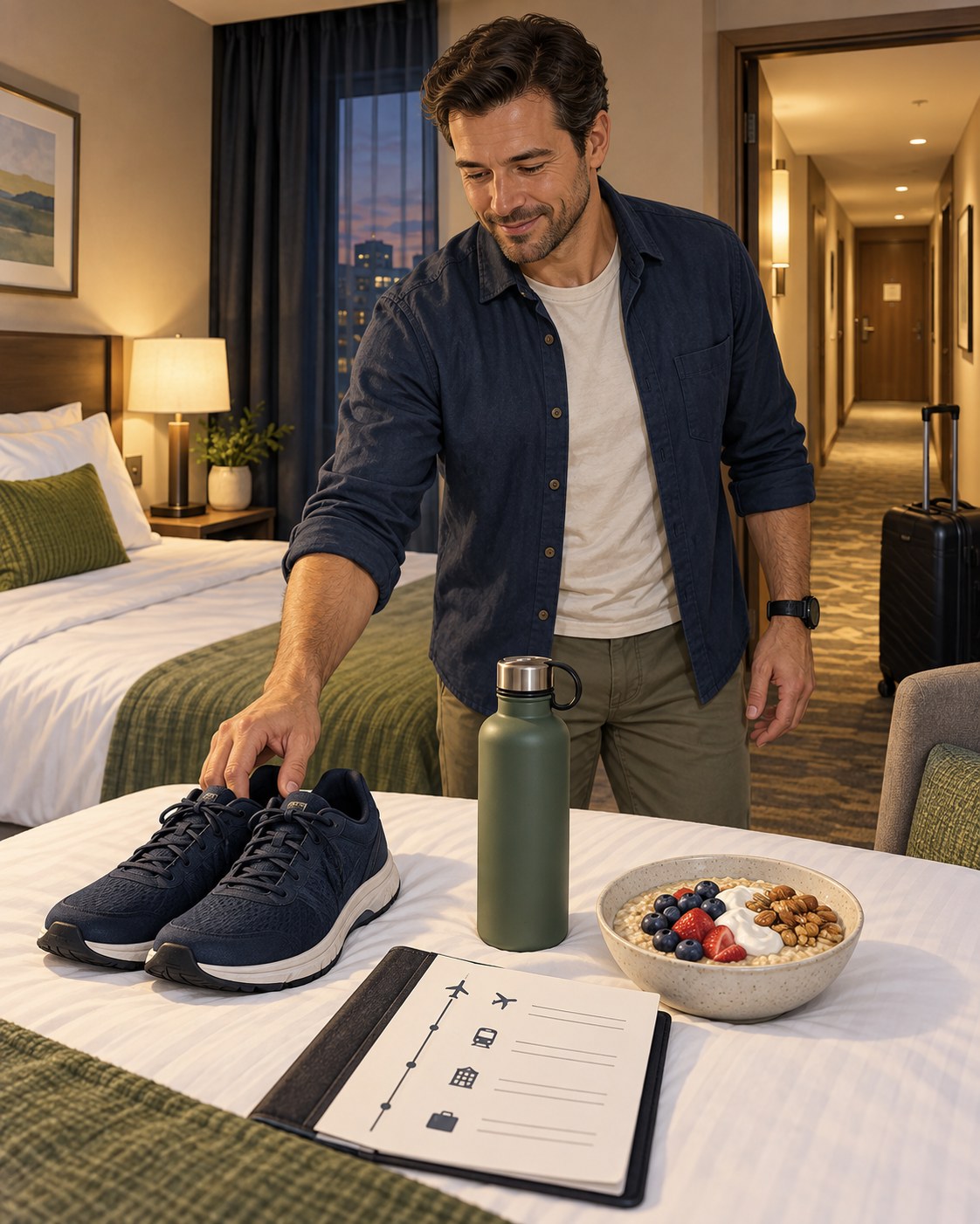 Man arranging walking shoes, water, and a balanced breakfast beside a hotel travel plan