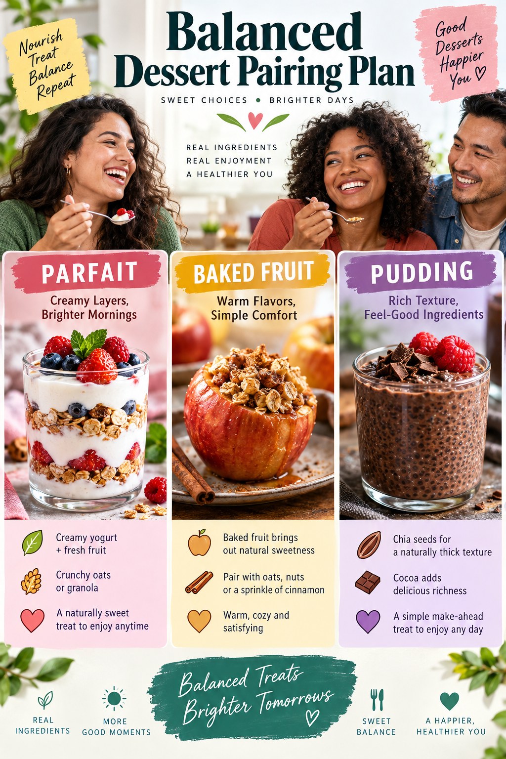 Portrait infographic showing three balanced desserts: fruit yogurt parfait, baked apple with oats, and cocoa chia pudding.