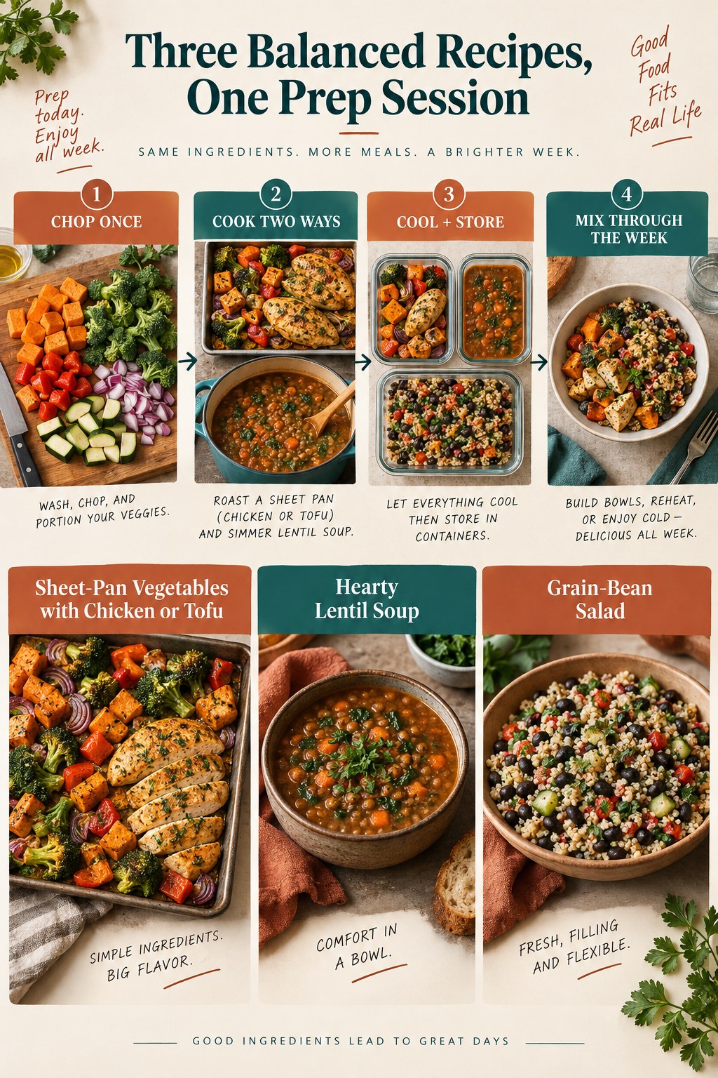 Portrait infographic showing chopped vegetables, a sheet-pan chicken or tofu meal, lentil soup, grain-bean salad, storage containers, and mix-and-match steps.
