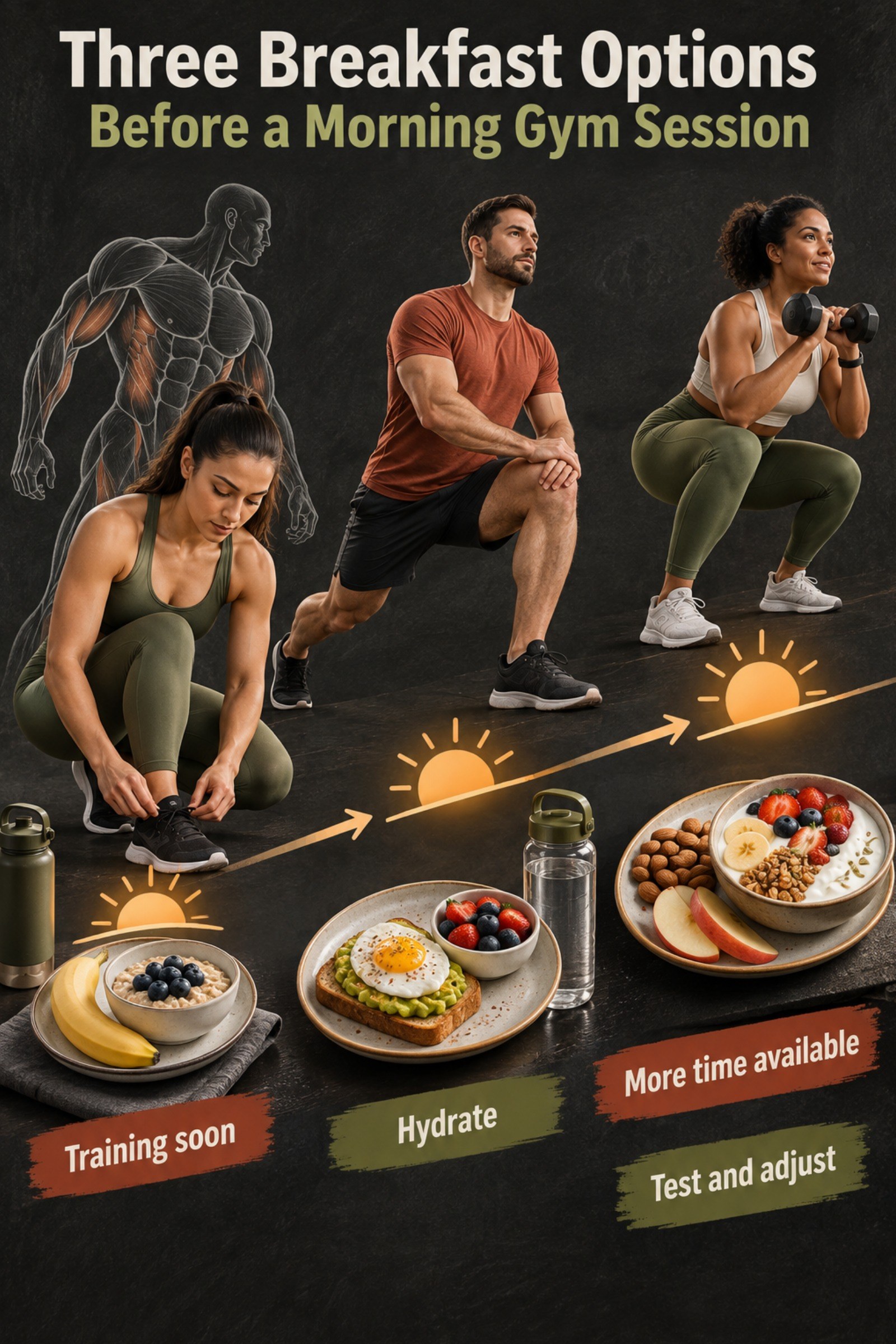 Sunrise timeline with small, medium, and later-morning breakfast plates. The image supports Three Breakfast Options Before a Morning Gym Session.