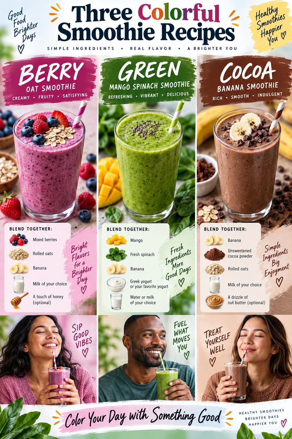 Portrait infographic showing three colorful smoothies: berry oat, mango spinach, and cocoa banana with flexible protein foods.