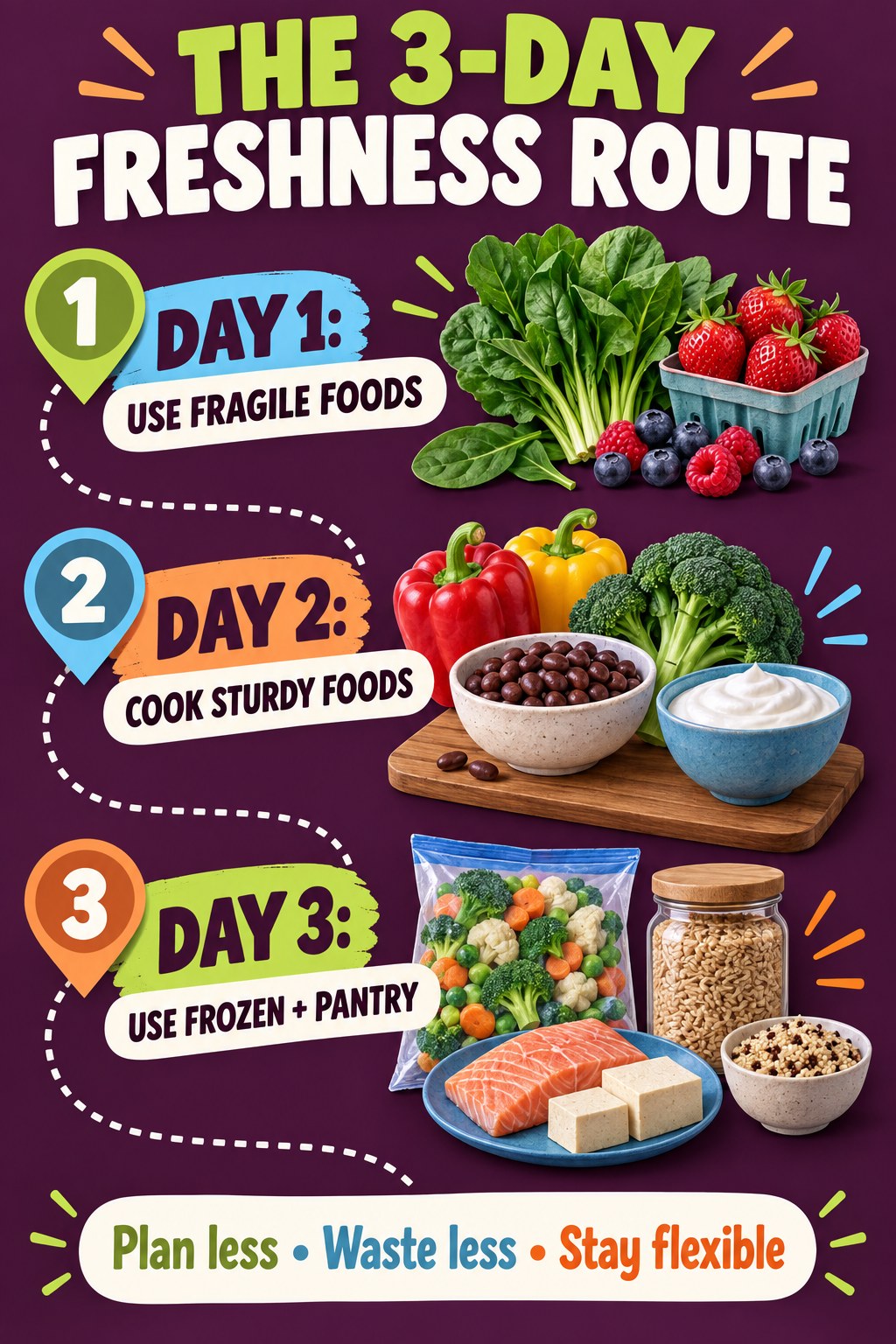 Plum and lime route infographic showing fragile foods, sturdy foods, and frozen pantry foods across three days.
