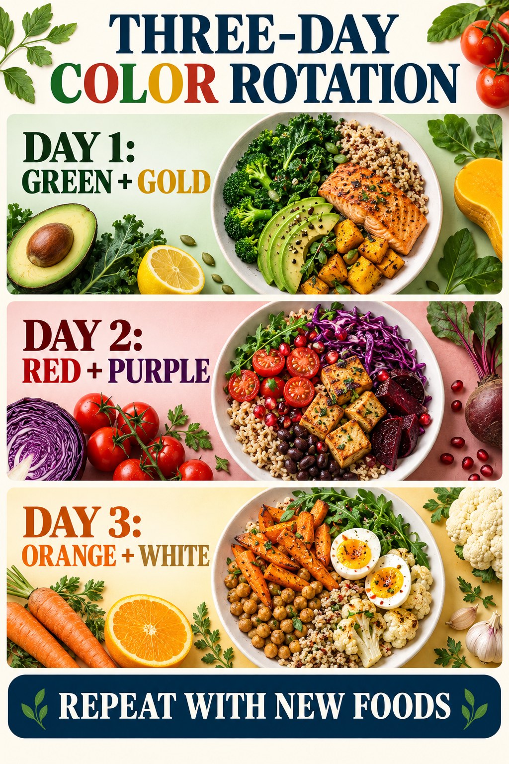 Three-day color rotation infographic with green and gold, red and purple, and orange and white balanced meal examples.