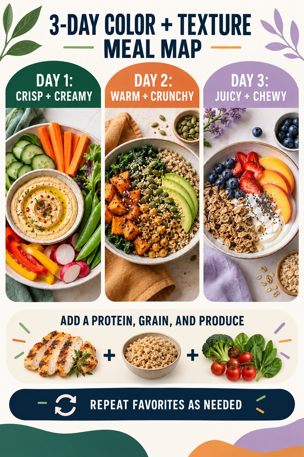 Portrait meal-plan infographic showing three days themed around crisp and creamy, warm and crunchy, and juicy and chewy foods with protein, grains, and produce.