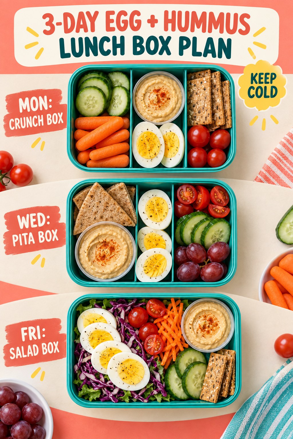 Three-day egg and hummus lunch box plan with a crunch box, pita box, salad box, vegetables, crackers, and fruit.
