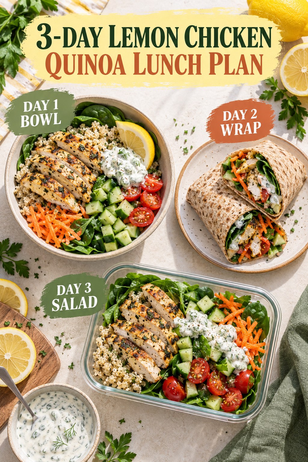 Three-day lemon chicken quinoa lunch plan shown as a grain bowl, whole-grain wrap, and spinach salad