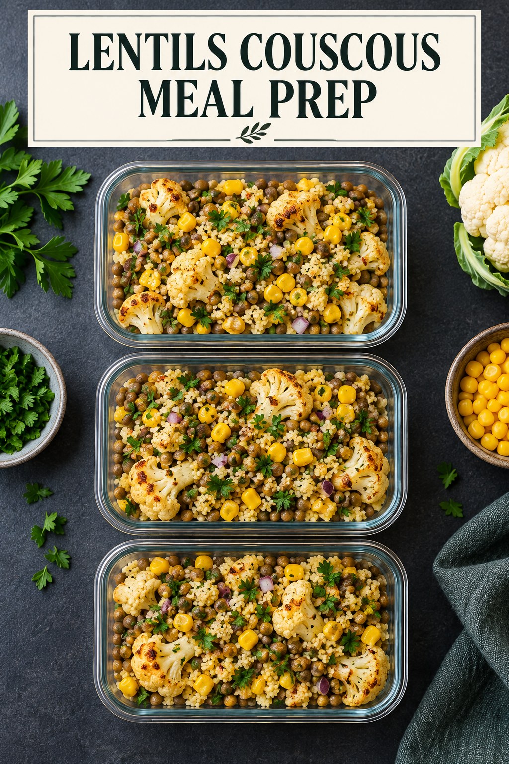 Three containers of three-day lentils couscous prep boxes with lentils, couscous, cauliflower, and corn.
