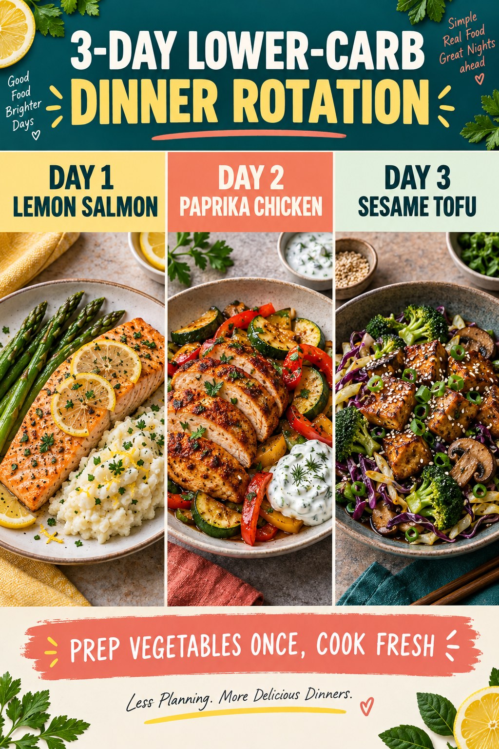 Three-day lower-carb dinner rotation with lemon salmon, paprika chicken, sesame tofu, and colorful vegetables.