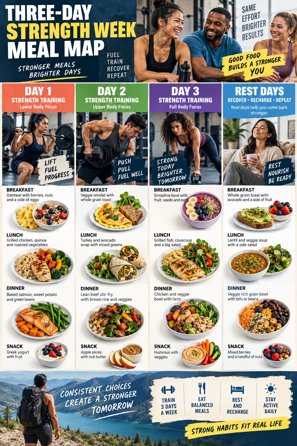 Portrait infographic showing a three-day strength week meal map with lower-body, upper-body, full-body, and rest-day meals.