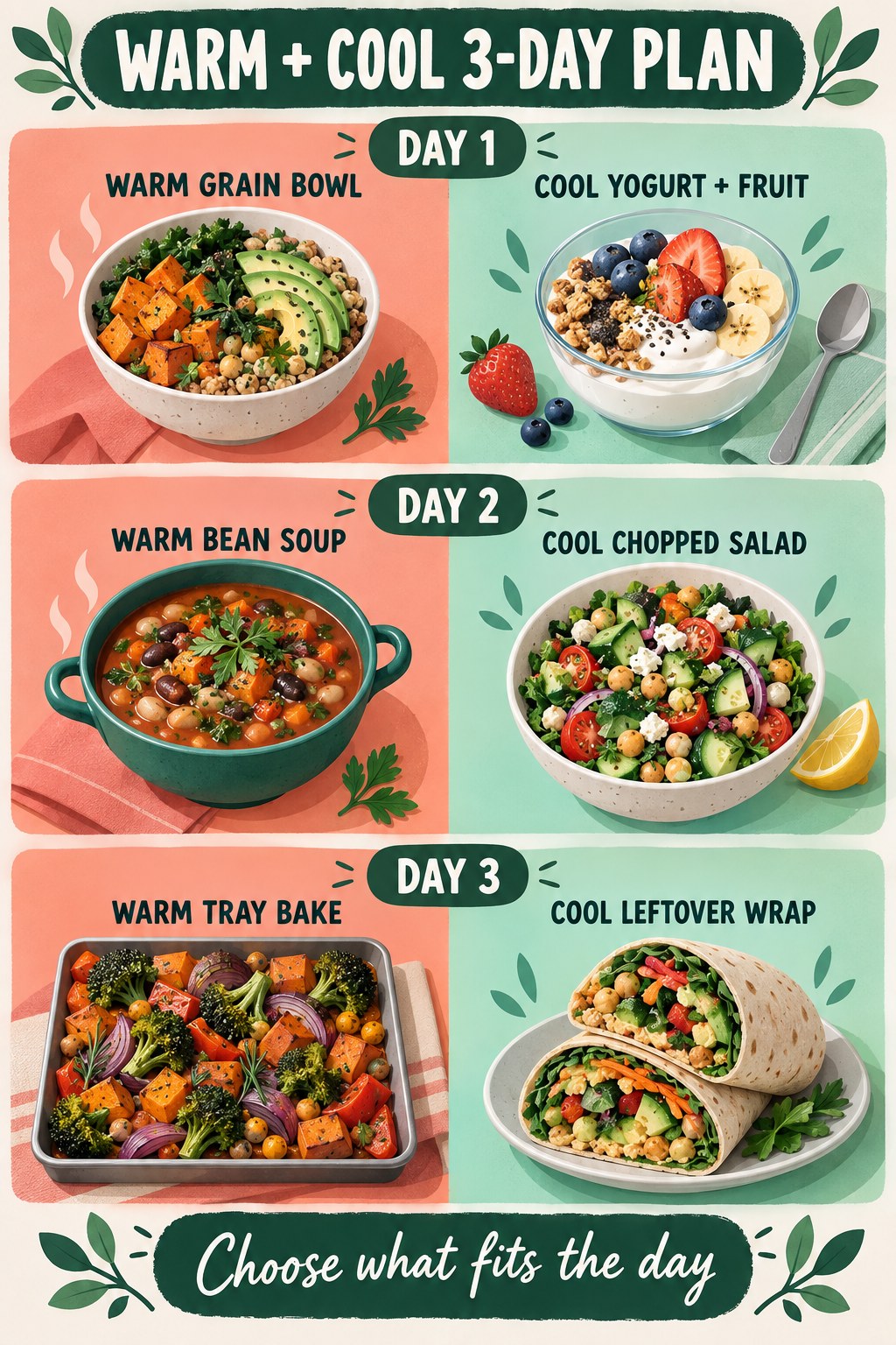 Mint and coral three-day meal plan showing warm bowls, soup, and a tray bake beside cool yogurt, salad, and a wrap.