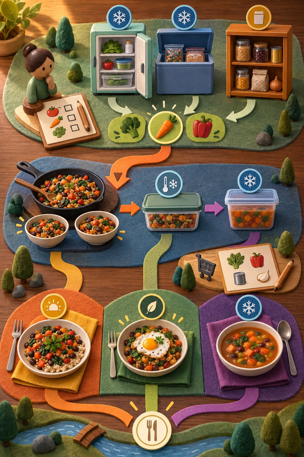 Wooden board-game infographic mapping one person through fridge and pantry inventory, a two-serving skillet, leftover storage, freezer backup, and three dinners.