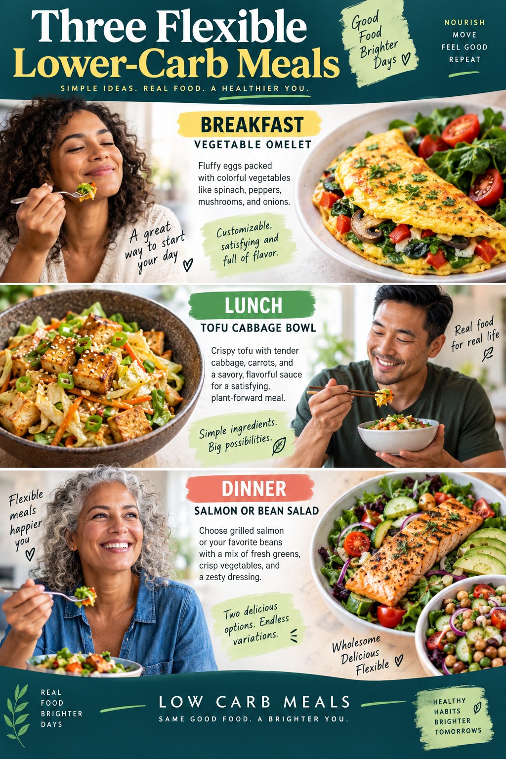 Portrait infographic showing a vegetable omelet, tofu cabbage bowl, and salmon or bean salad as three flexible lower-carb meals.