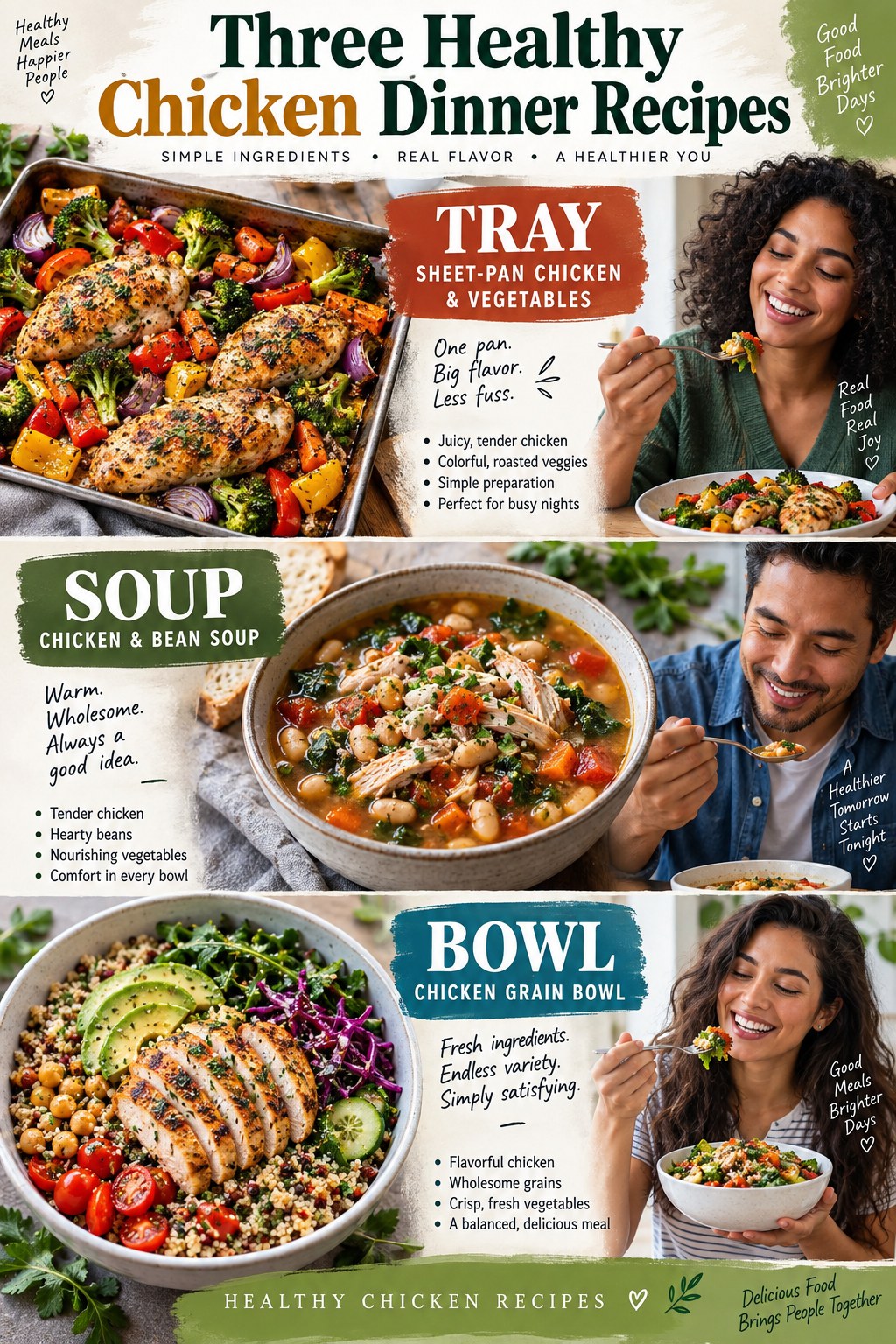 Portrait infographic showing three healthy chicken dinners: sheet-pan chicken and vegetables, chicken and bean soup, and a chicken grain bowl.