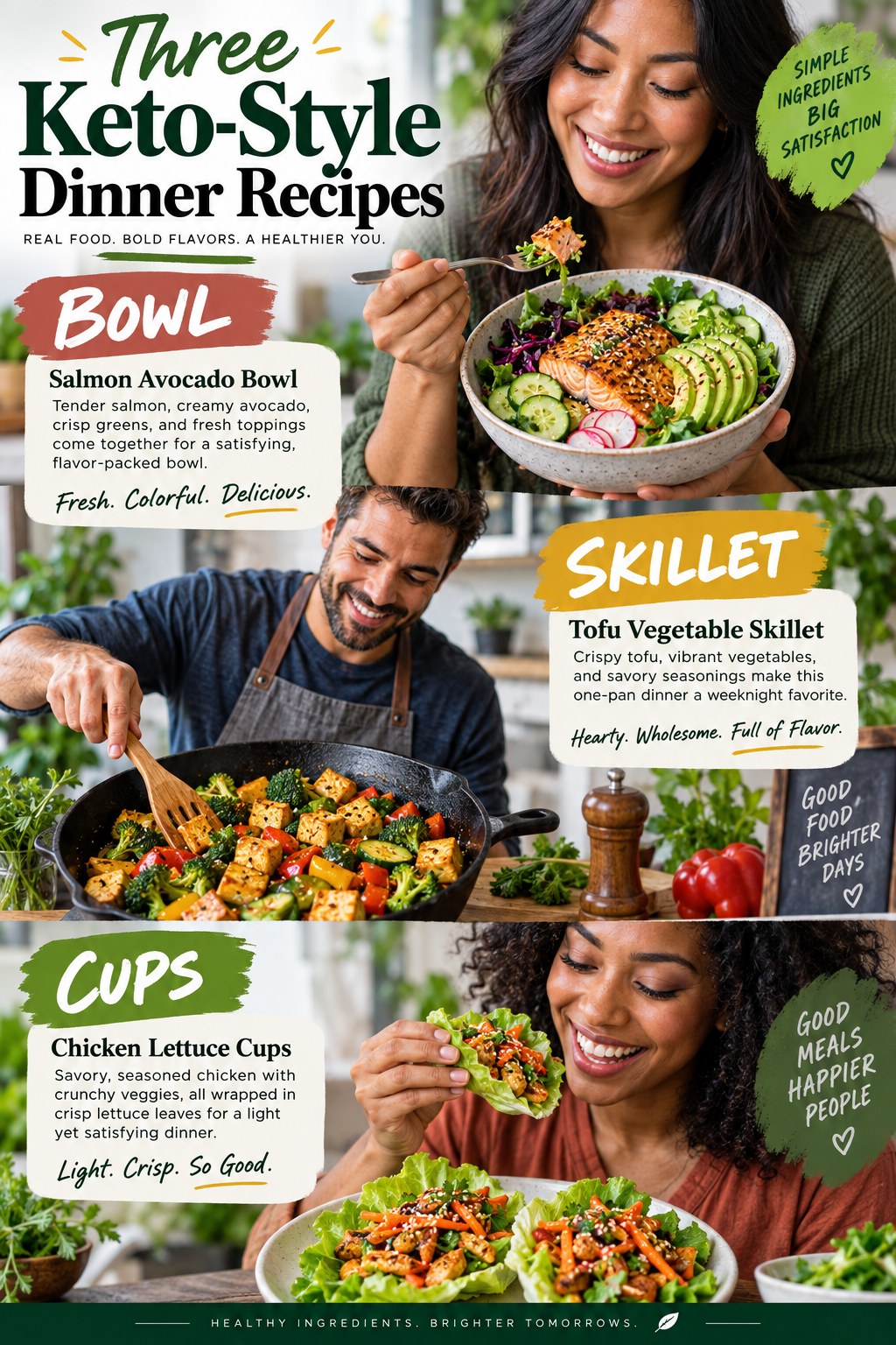 Portrait infographic showing a salmon avocado bowl, tofu vegetable skillet, and chicken or bean lettuce cups as keto-style dinner recipes.