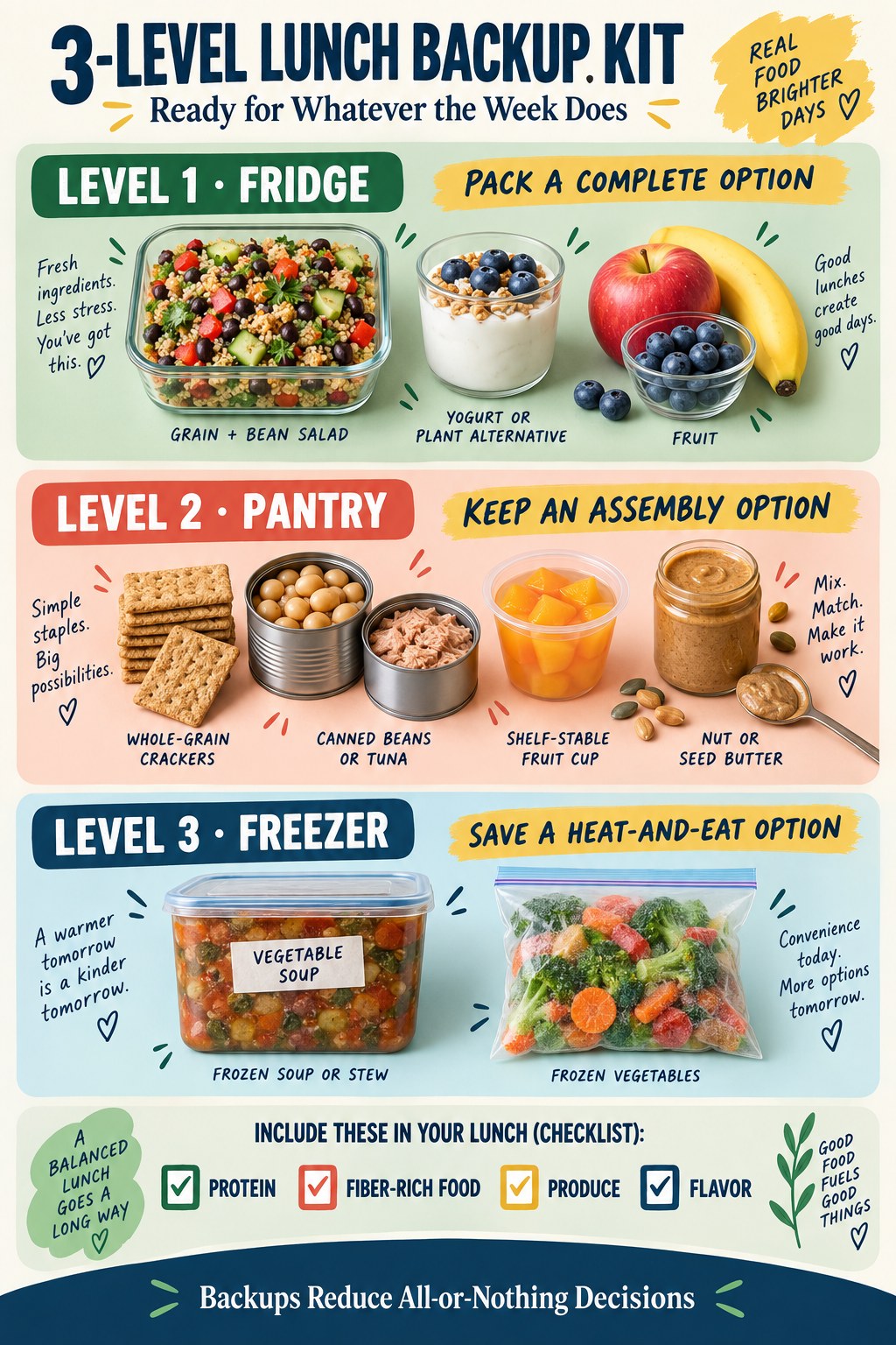 Portrait infographic showing refrigerator, pantry, and freezer lunch backups with a flexible meal checklist.