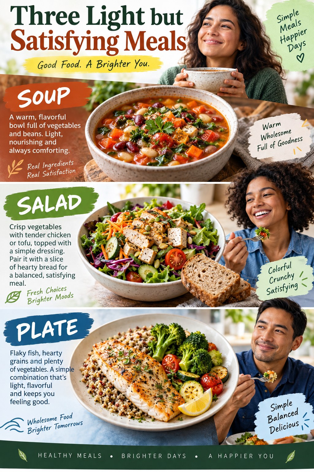 Portrait infographic showing vegetable bean soup, chicken or tofu salad with bread, and fish or bean grain plates as satisfying lighter meals.