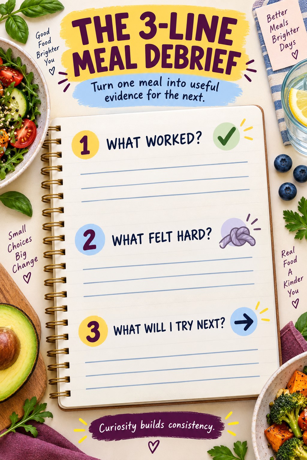 Plum, yellow, and blue notebook infographic with three meal debrief prompts: what worked, what felt hard, and what to try next.