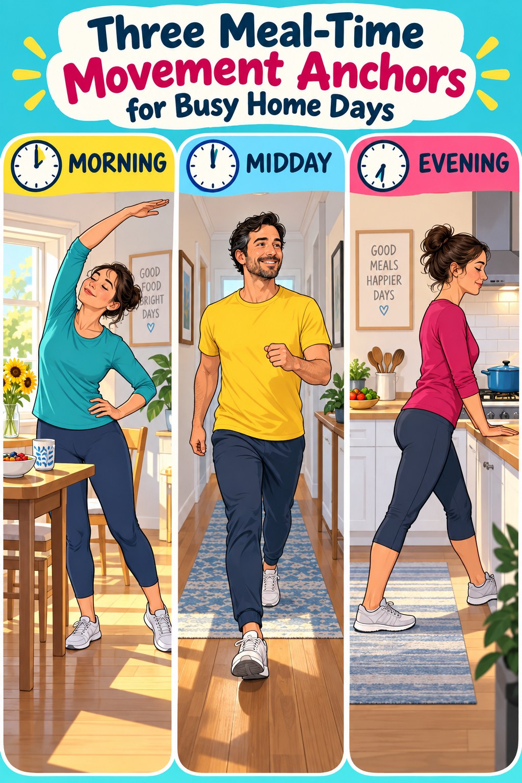 Three-panel home scene showing morning mobility, a midday hallway walk, and an evening supported stretch.