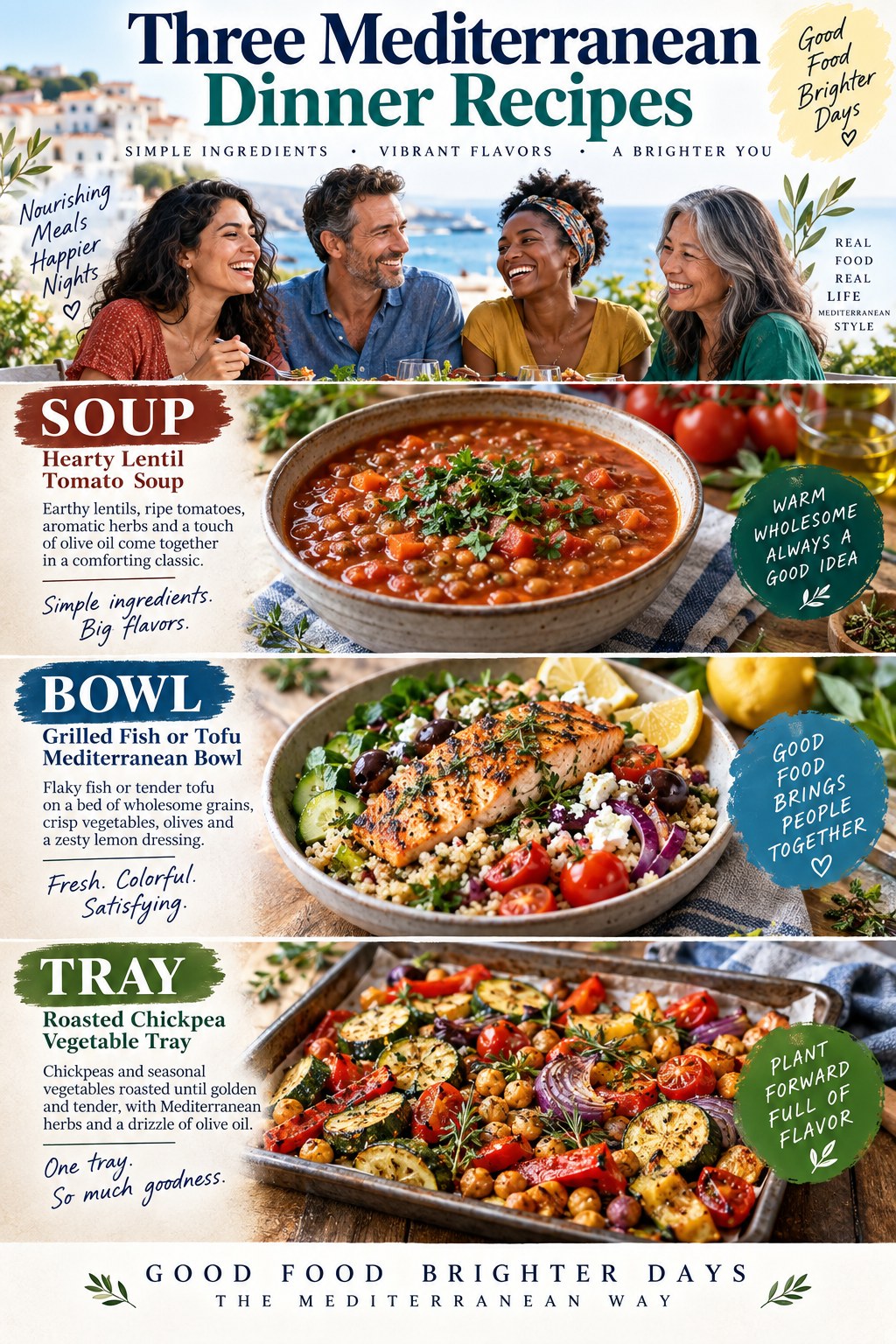 Portrait infographic showing lentil tomato soup, a fish or tofu Mediterranean grain bowl, and a roasted chickpea vegetable tray.
