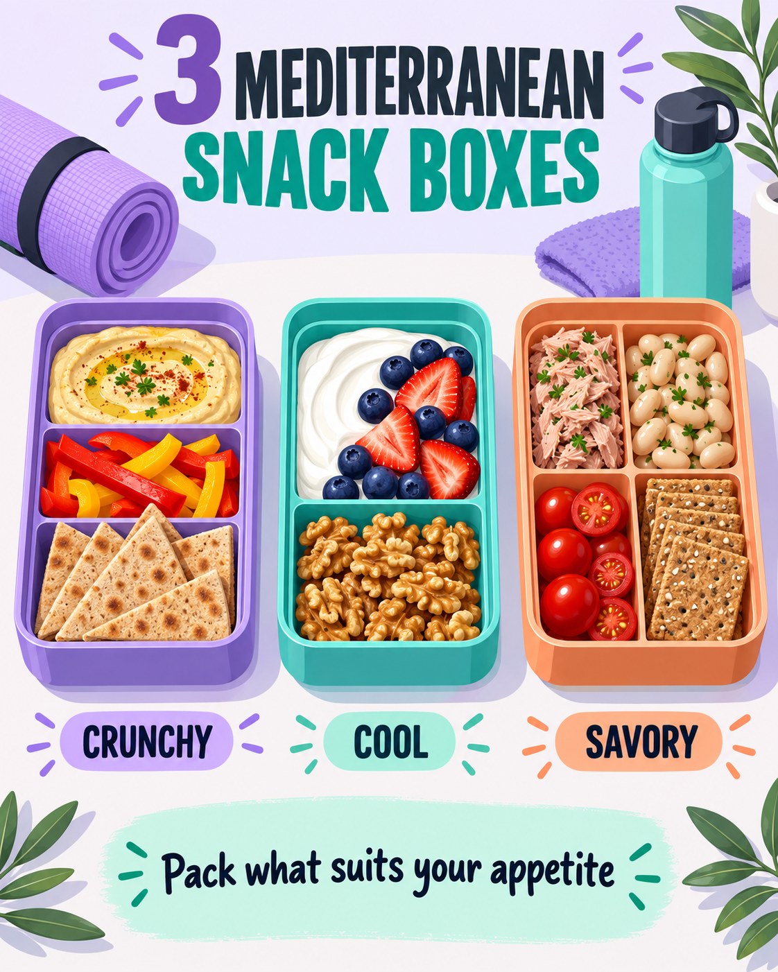 Lavender, teal, and apricot isometric infographic showing three Mediterranean snack boxes labeled crunchy, cool, and savory.