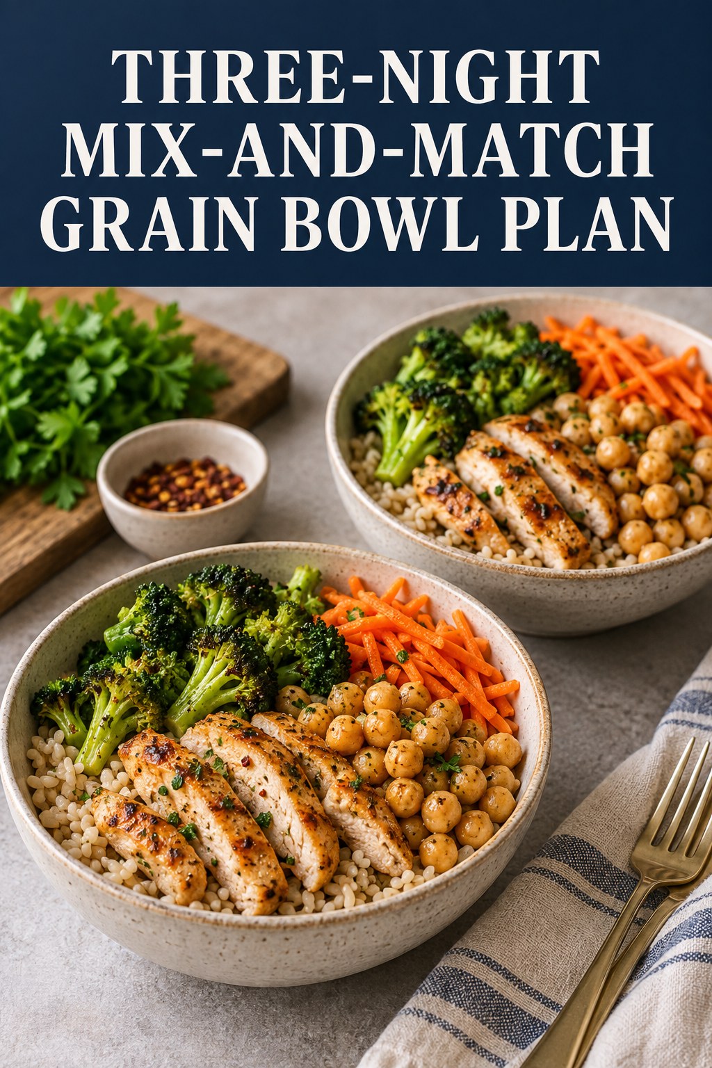 Two servings of three-night mix-and-match grain bowl plan made with chicken, brown rice, and vegetables.