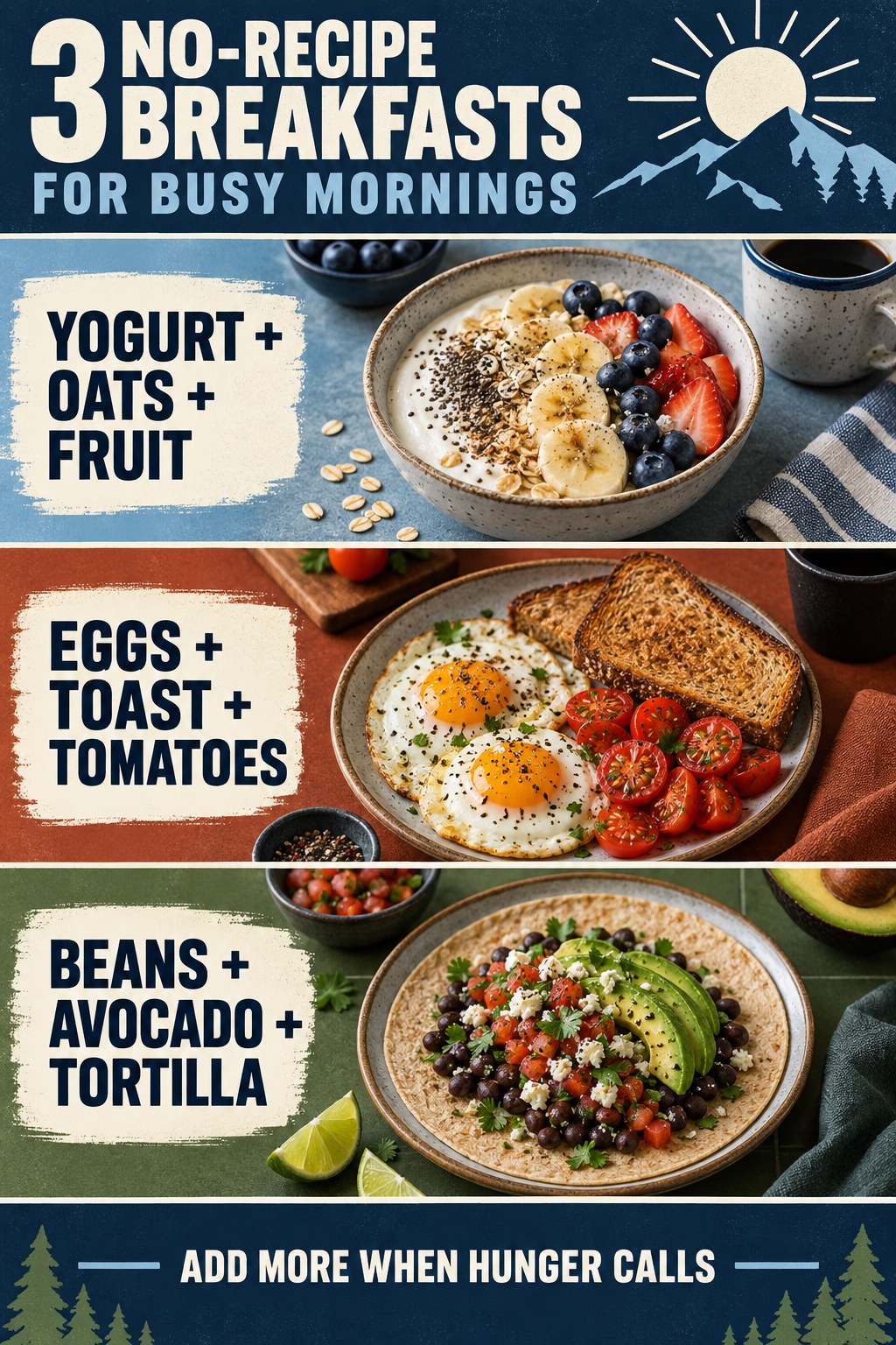 Portrait breakfast infographic showing yogurt with oats and fruit, eggs with toast and tomatoes, and beans with avocado and a tortilla.