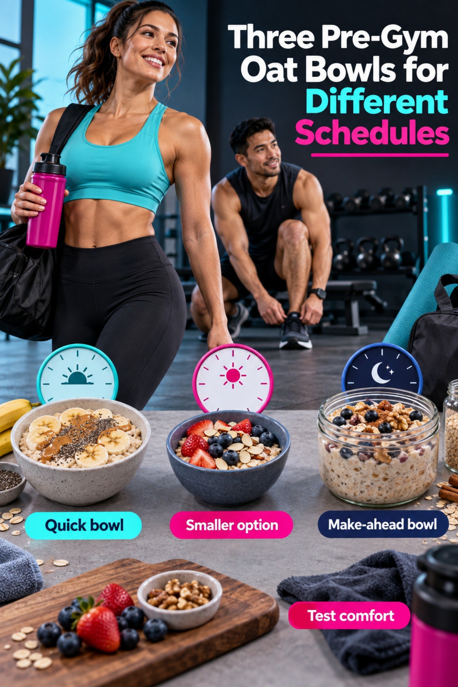 Three illustrated oat bowls aligned with morning, lunch, and evening clocks. The image supports Three Pre-Gym Oat Bowls for Different Schedules.