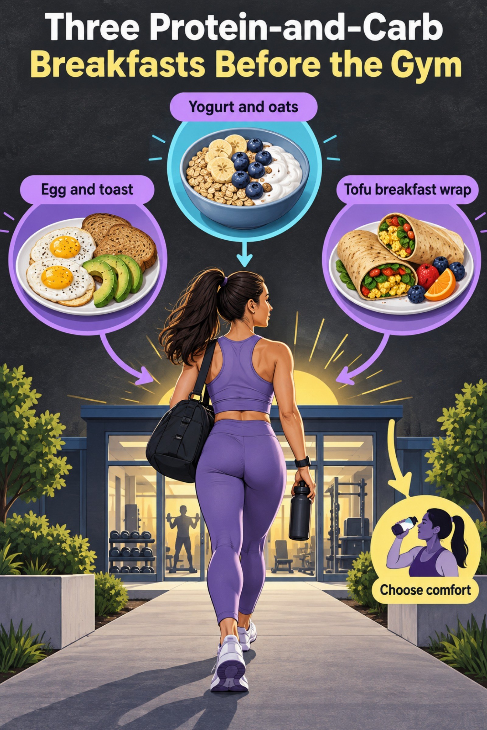 Three sunrise plates leading toward a gym entrance. The image supports Three Protein-and-Carb Breakfasts Before the Gym.