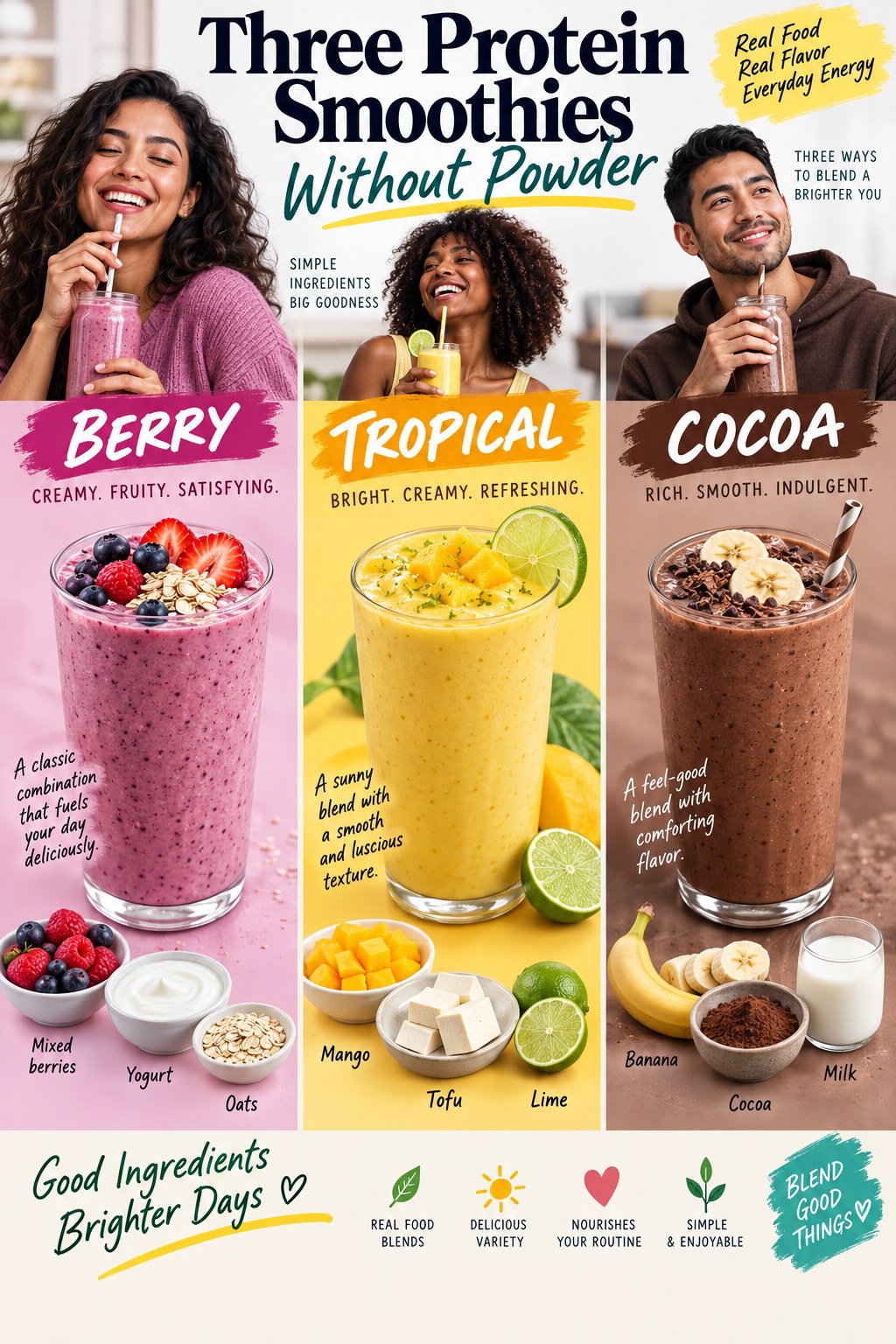 Portrait infographic showing berry yogurt oat, mango tofu lime, and cocoa banana milk protein smoothies without protein powder.
