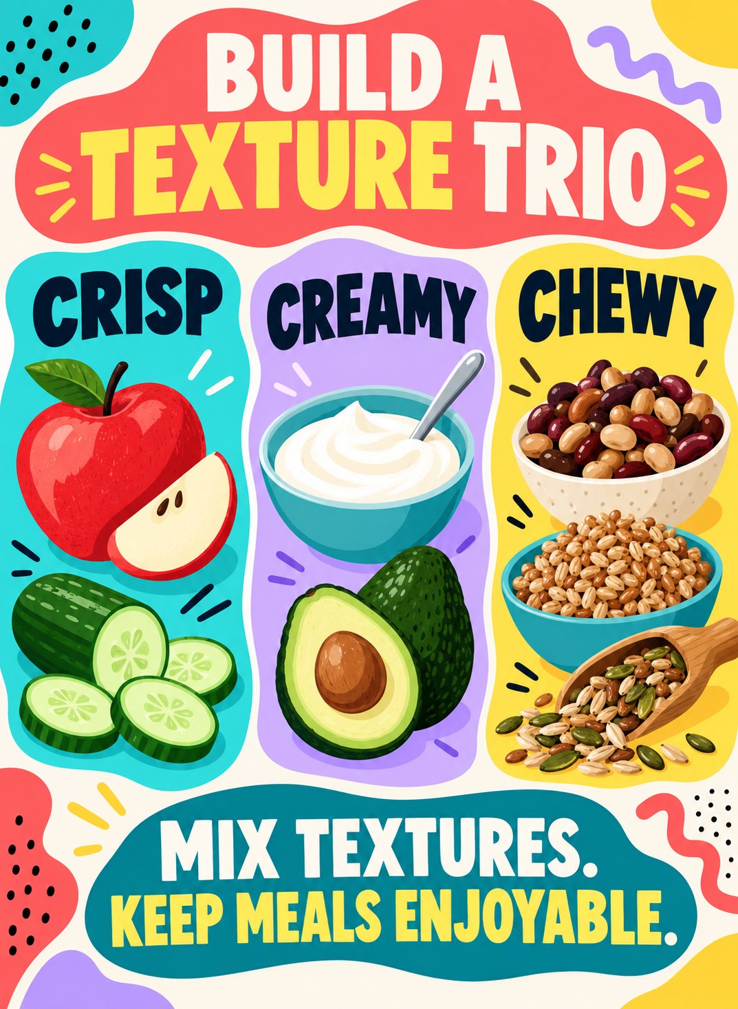 Coral, turquoise, lilac, and yellow infographic showing crisp, creamy, and chewy food examples.