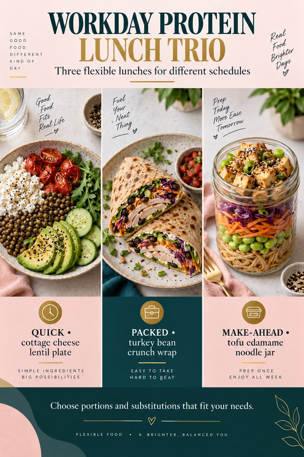Three-panel lunch infographic with cottage cheese lentils, turkey bean wrap, and tofu edamame noodle jar