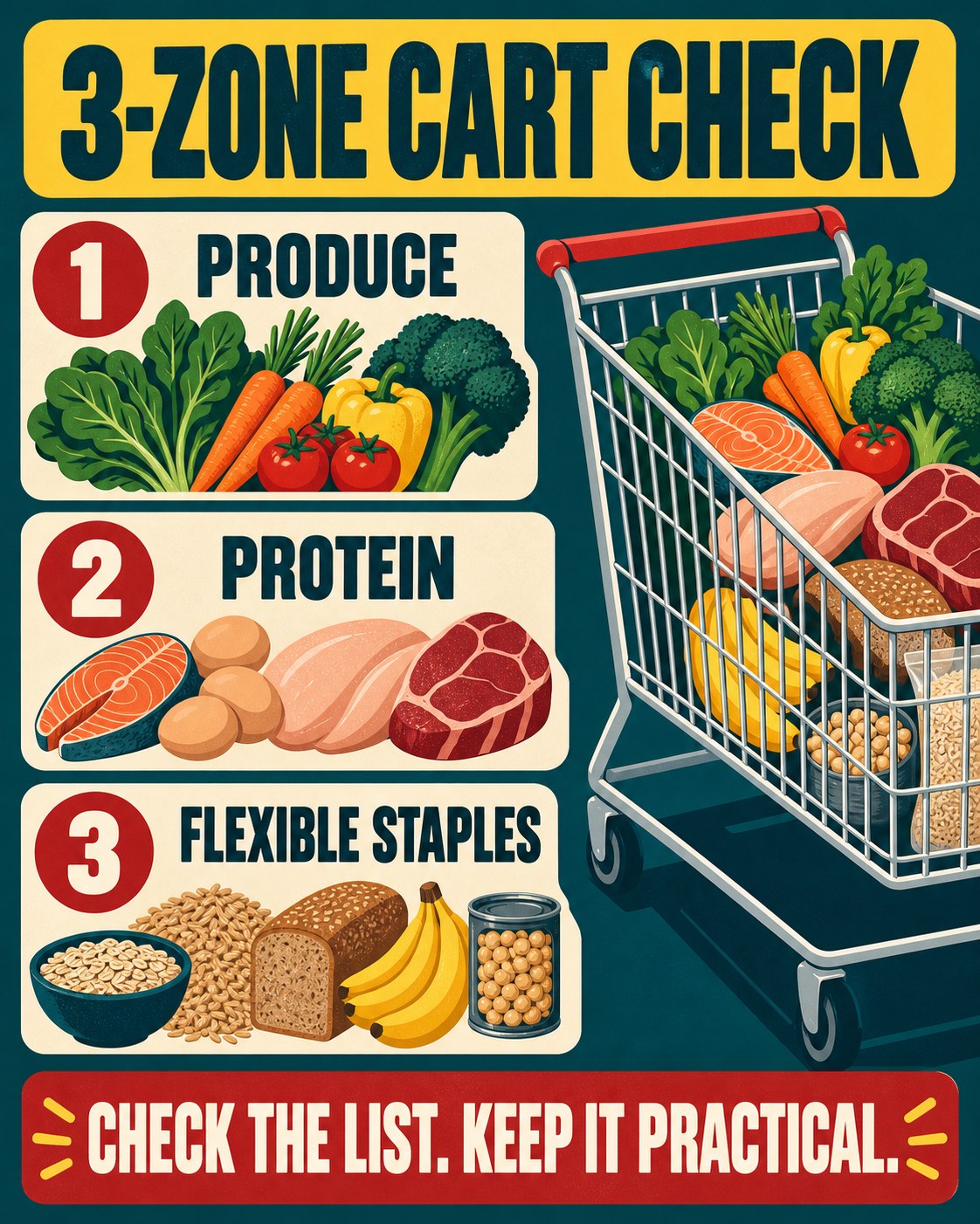 Teal, mustard, cream, and red grocery cart infographic showing produce, protein, and flexible staples.