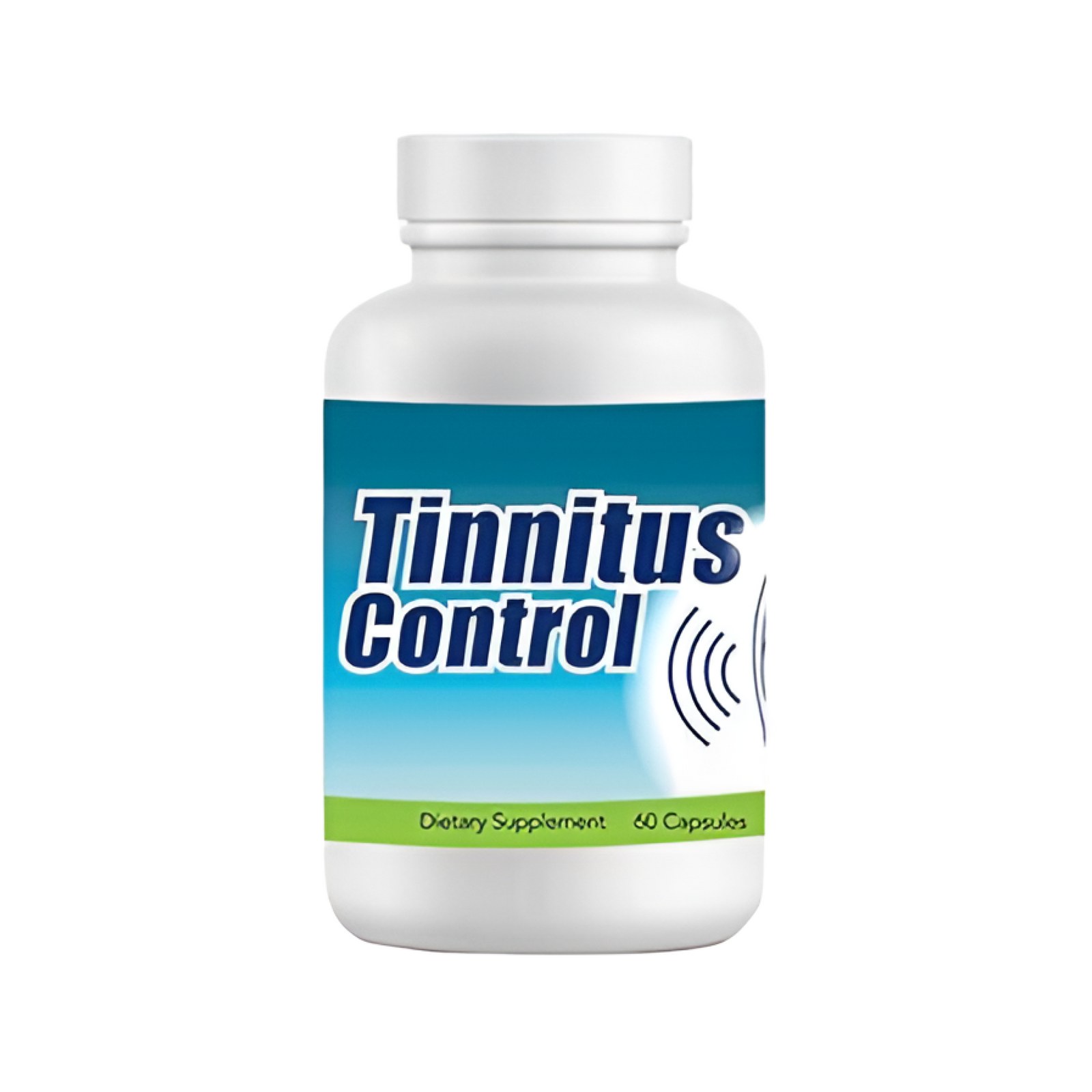 Tinnitus Control white bottle with a blue and green label identifying a dietary supplement and 60 capsules
