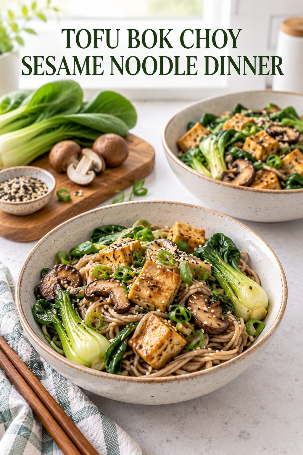 Two servings of tofu bok choy sesame noodle dinner made with tofu, soba noodles, and vegetables.
