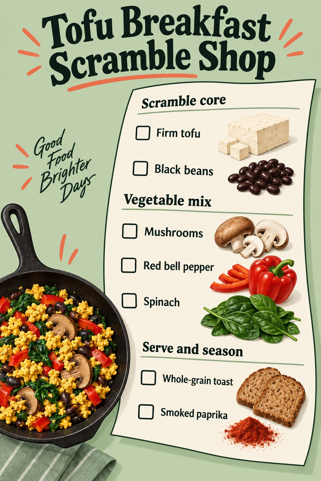 Sage and coral skillet checklist with tofu, black beans, mushrooms, pepper, spinach, toast and smoked paprika.