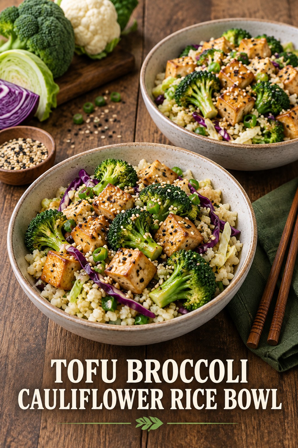 Two servings of tofu broccoli cauliflower rice bowl made with tofu, broccoli, and vegetables.