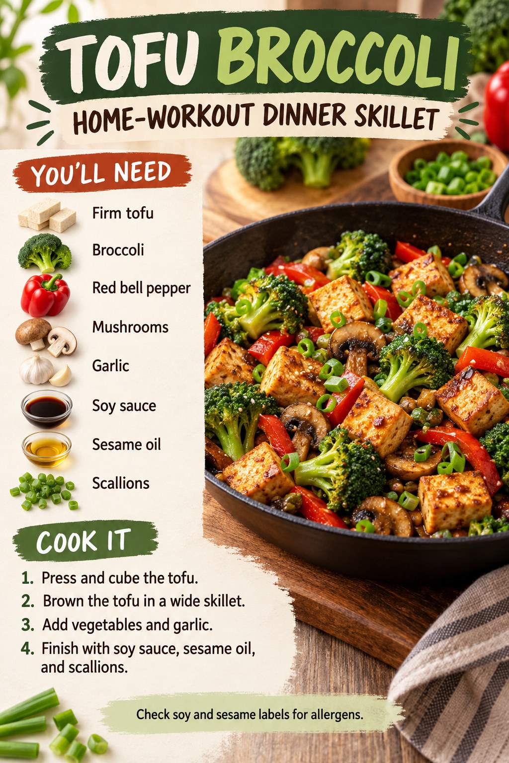 Tofu broccoli skillet with red bell pepper, mushrooms, garlic, scallions, soy sauce, and sesame oil beside home-workout gear.