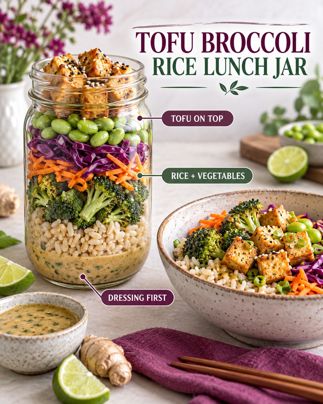 Tofu broccoli rice lunch jar layered with ginger-lime dressing, brown rice, carrot, cabbage, edamame, and baked tofu.