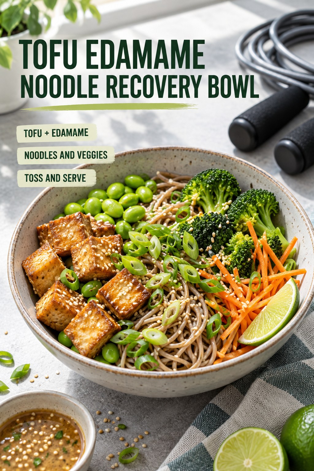 Tofu edamame noodle recovery bowl with broccoli, carrot, scallions, and lime
