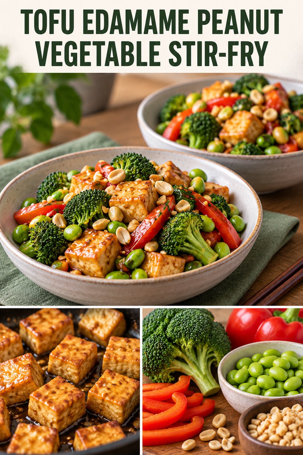 Two servings of tofu edamame peanut vegetable stir-fry made with tofu, edamame, and vegetables.