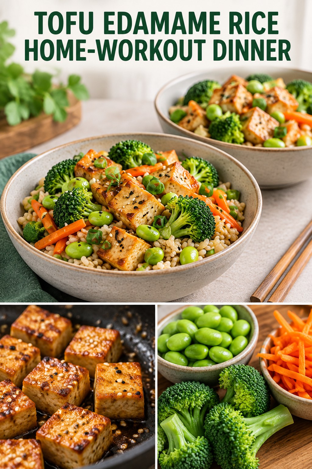 Two servings of tofu edamame rice home-workout dinner made with tofu, edamame, and vegetables.