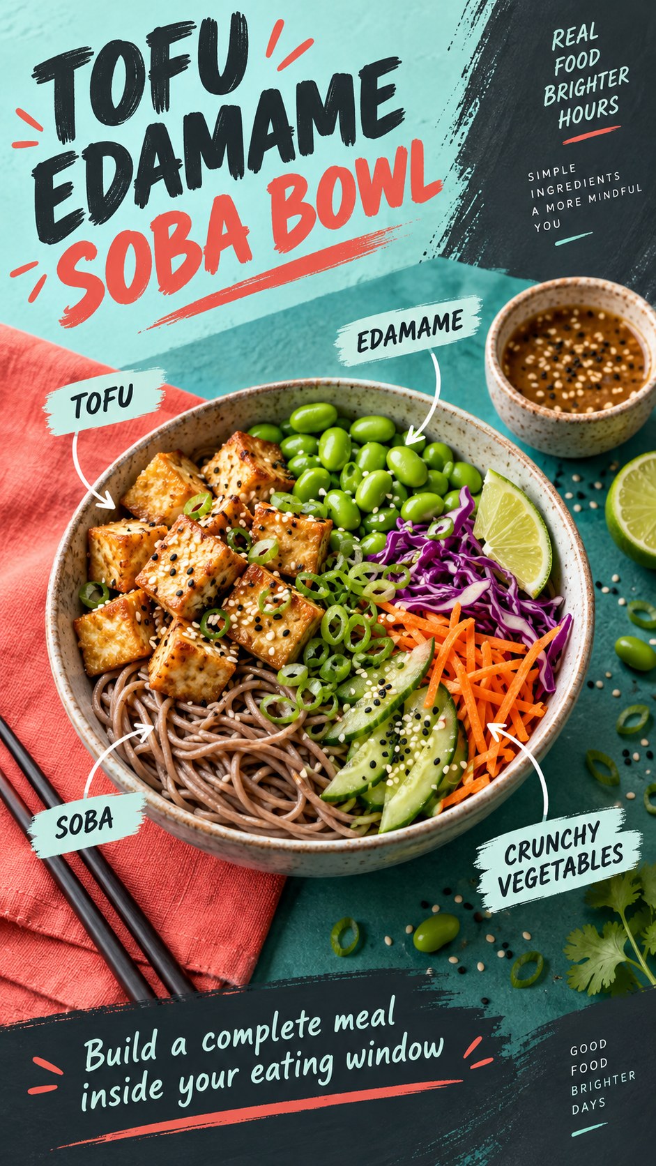 Teal and coral infographic showing a soba bowl with golden tofu, edamame, cabbage, carrots, cucumber, scallions, and lime
