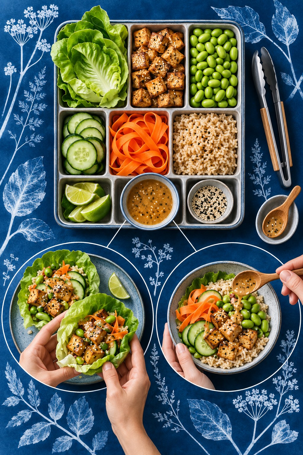 Vertical cyanotype infographic with a tofu, edamame, rice, lettuce, vegetable, and dressing tray branching into lettuce cups and a rice bowl.