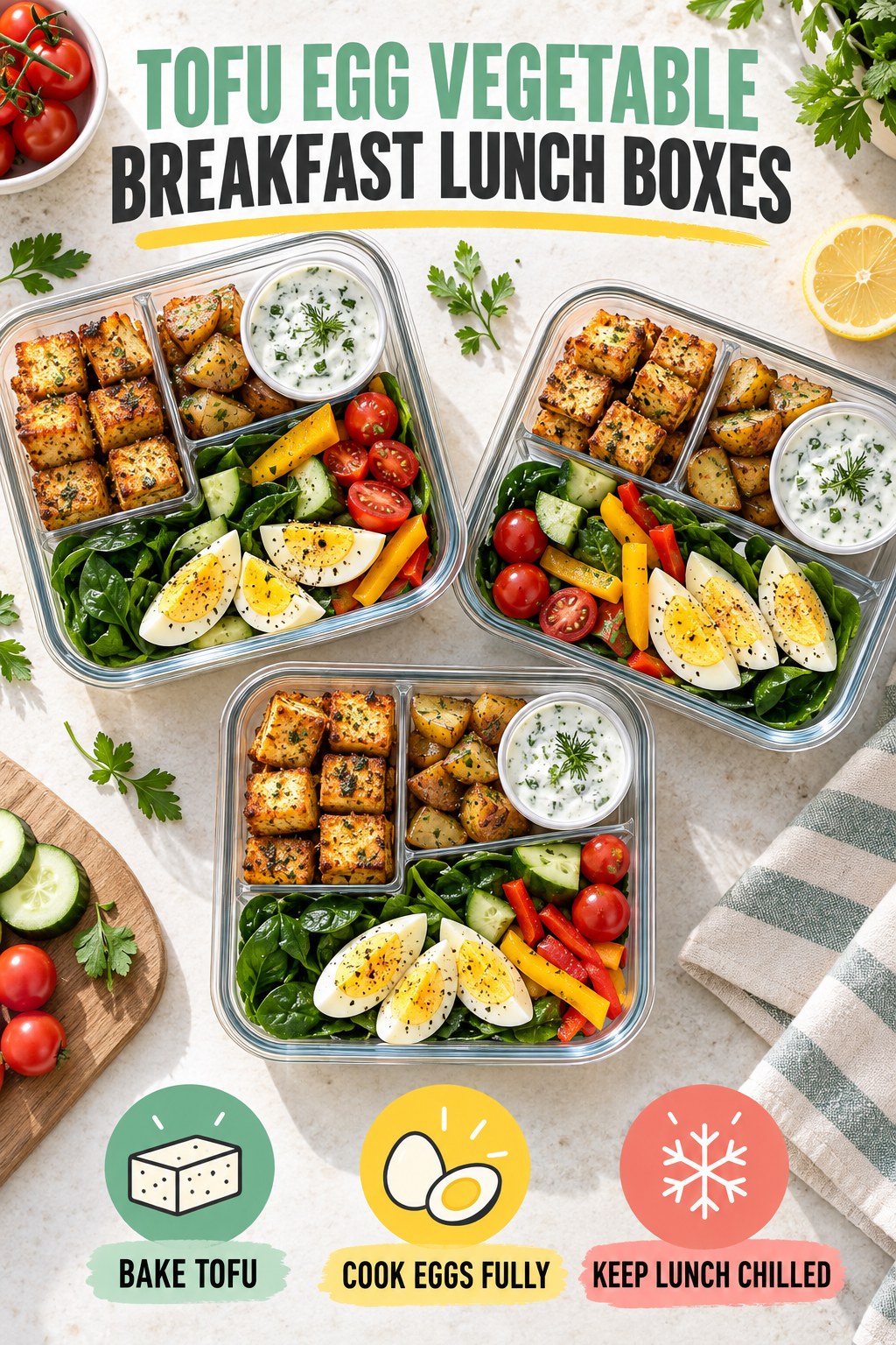 Three tofu egg vegetable breakfast lunch boxes with roasted potatoes, spinach, tomatoes, peppers, cucumber, and yogurt-herb dip