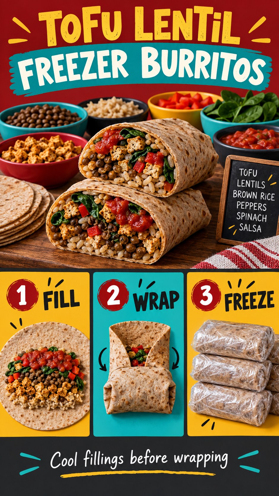 Tofu, lentils, brown rice, peppers, spinach, and salsa rolled into labeled freezer burritos