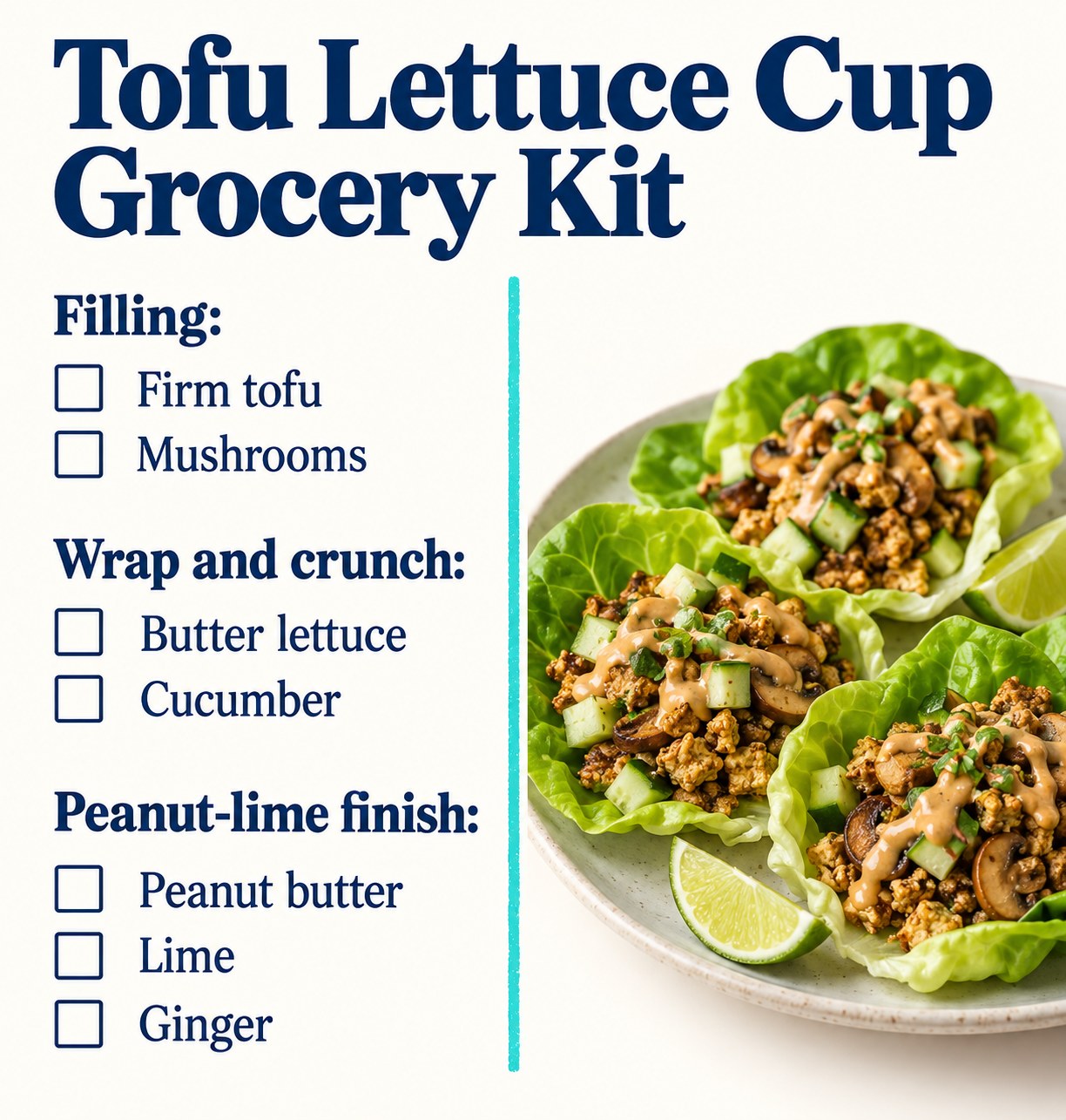 White and blue grocery checklist showing tofu, mushrooms, butter lettuce, cucumber, peanut butter, lime and ginger.