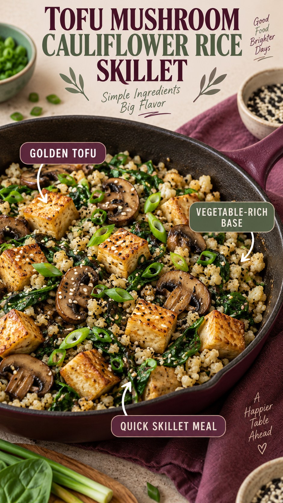 Plum and sage infographic showing golden tofu, mushrooms, cauliflower rice, spinach, scallions, and sesame in a skillet