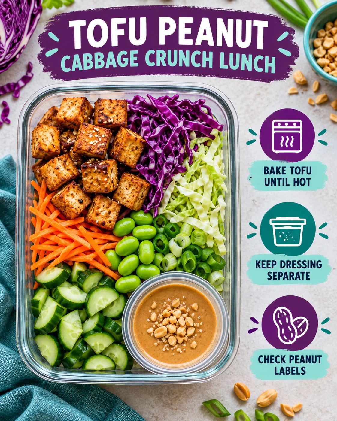 Baked tofu peanut cabbage crunch lunch bowl with cucumber, carrot, edamame, scallions, and dressing