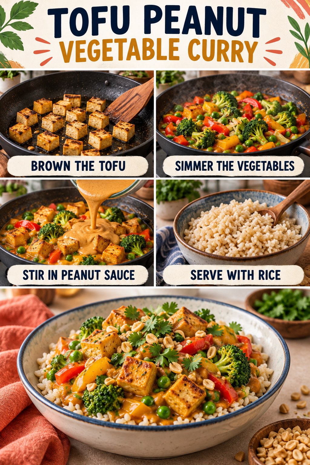 Tofu peanut vegetable curry infographic showing browned tofu, simmered broccoli and peppers, peanut sauce, rice, and a finished bowl.