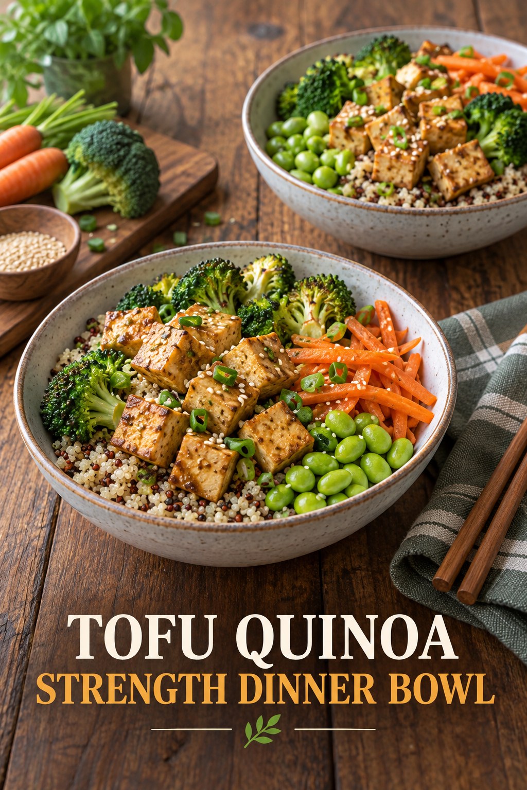 Two servings of tofu quinoa strength dinner bowl made with tofu, quinoa, and vegetables.